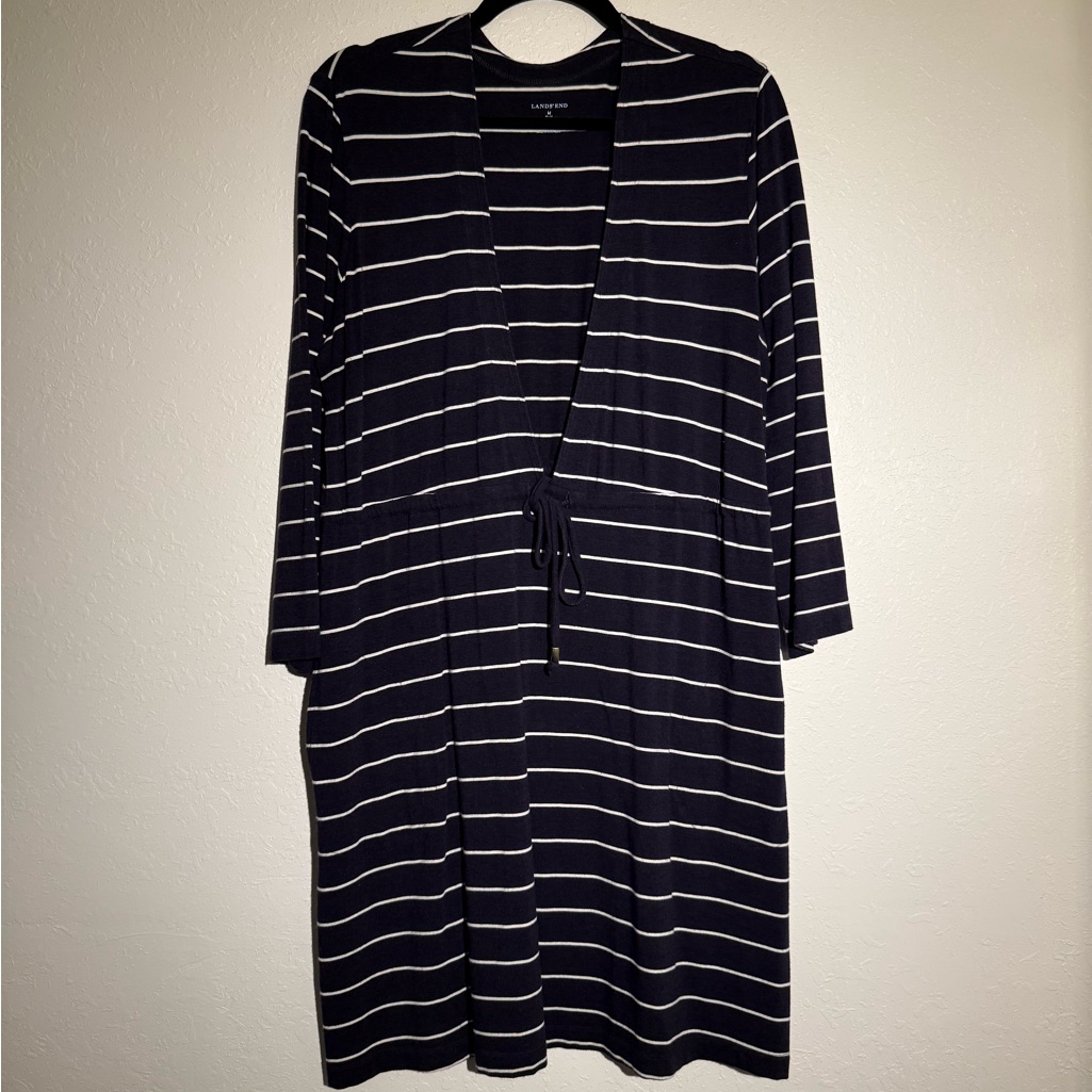 Lands' End Navy And Cream Striped Dress With Pockets Generously Stretchy